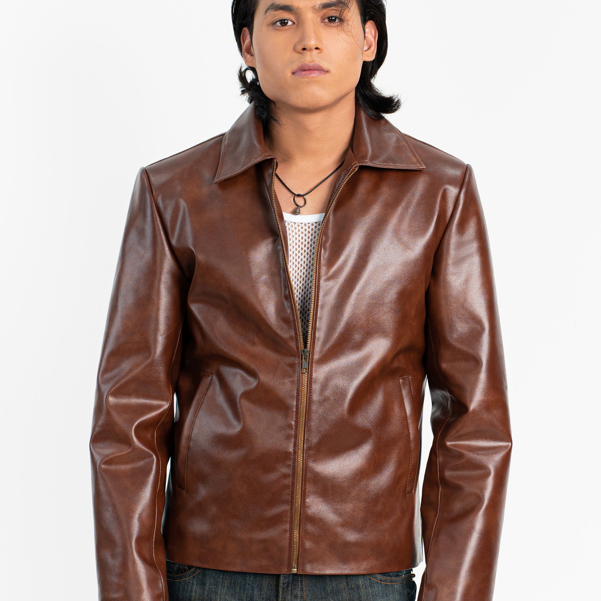 Brown Zipper Basic Faux Leather Jacket