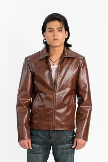 Brown Zipper Basic Faux Leather Jacket