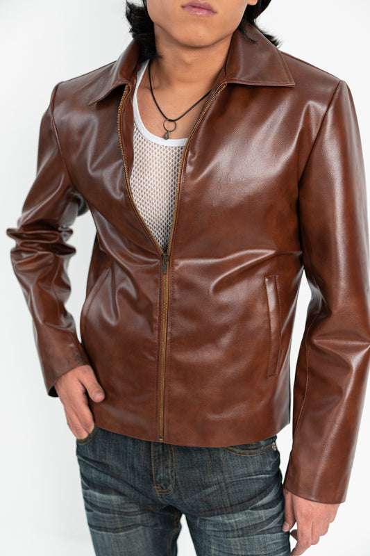 Brown Zipper Basic Faux Leather Jacket