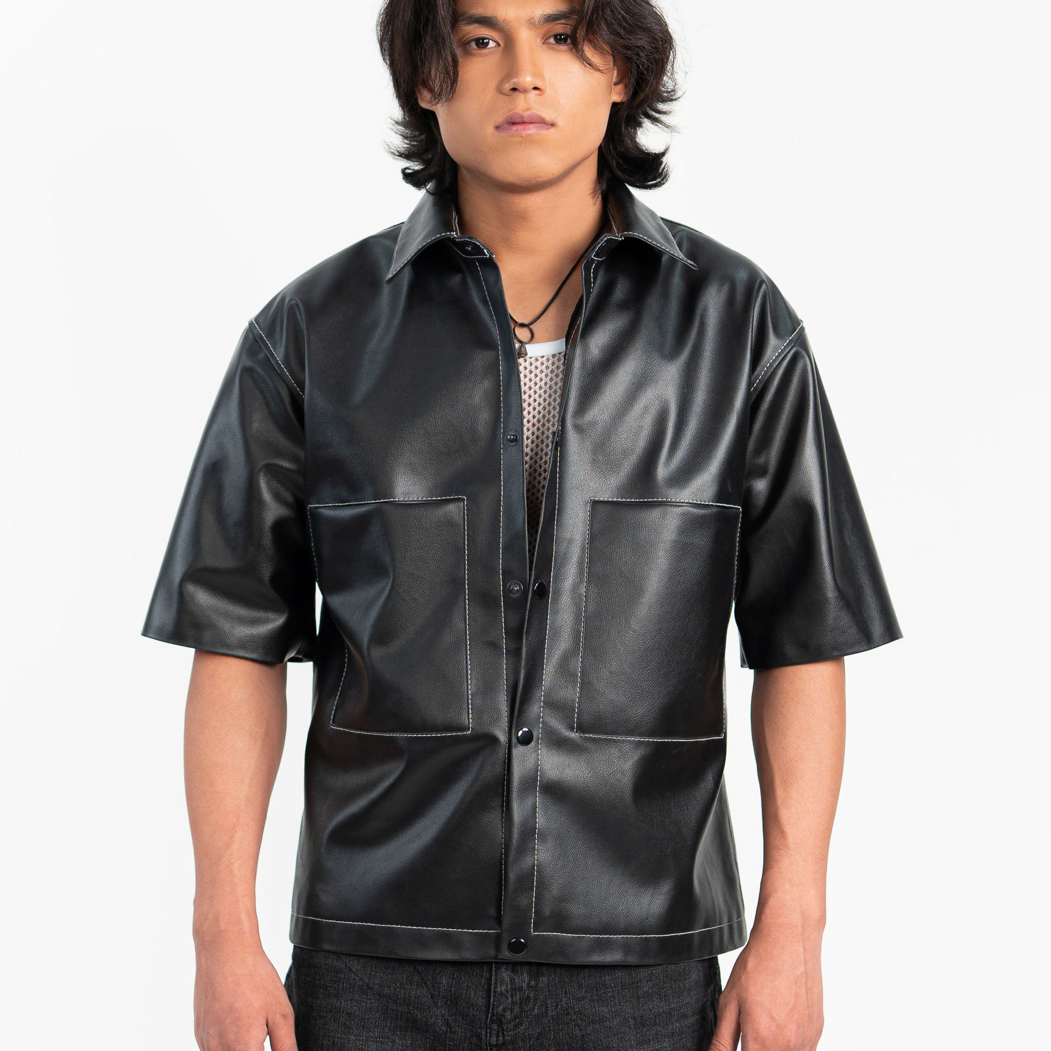 Oversized Threadwork Faux Leather Shirt