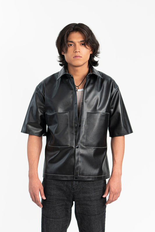 Oversized Threadwork Faux Leather Shirt