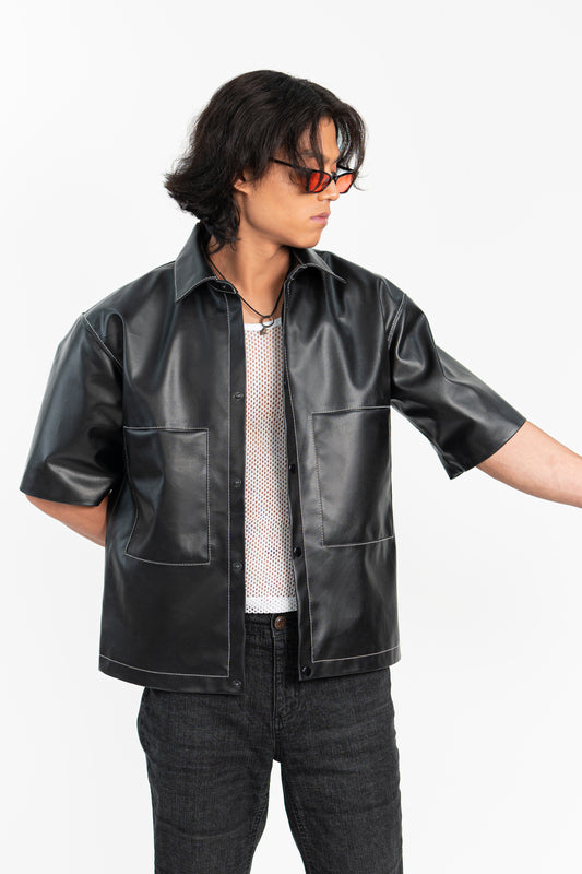 Oversized Threadwork Faux Leather Shirt