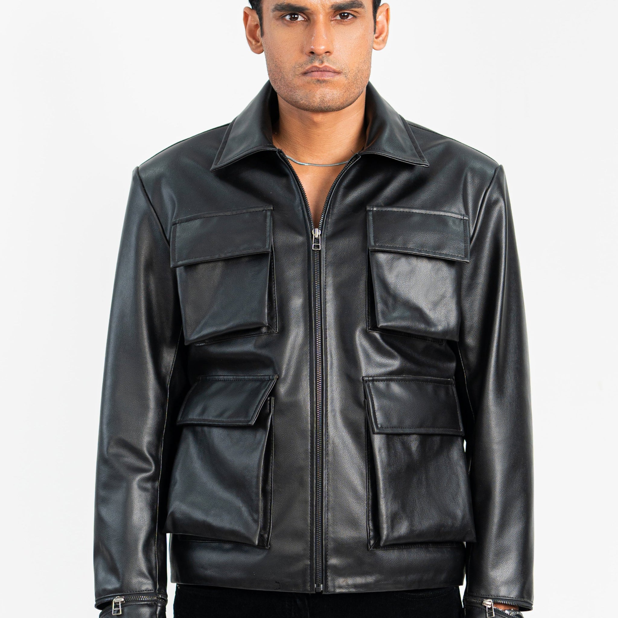 Cargo Pocketed Faux Leather Jacket