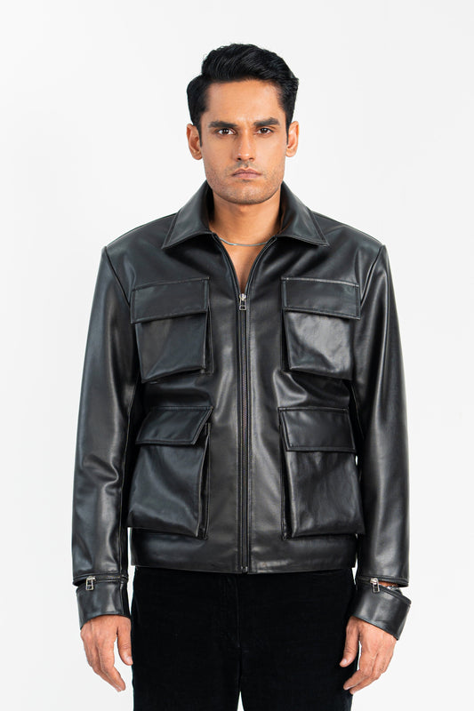 Cargo Pocketed Faux Leather Jacket