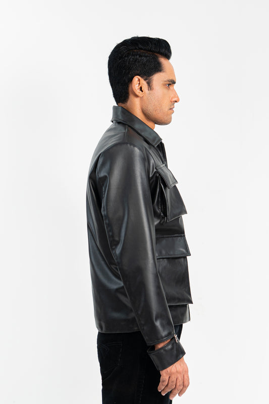 Cargo Pocketed Faux Leather Jacket