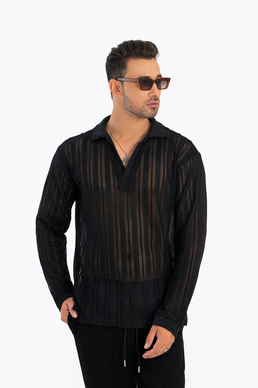 Charcoal Crochet Polo Shirt