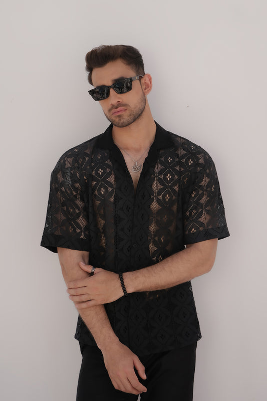 Black Floral Crochet Shirt